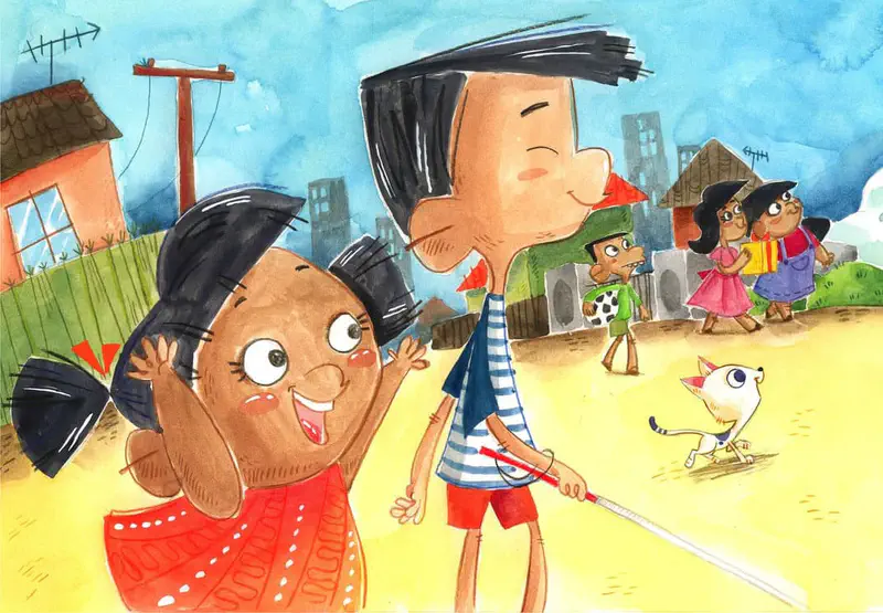 A happy girl waves while walking with a boy who uses a white cane, a small dog running nearby as neighbors watch in the village.