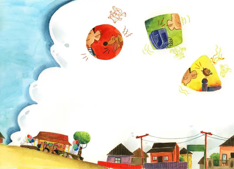 A village scene with colorful thought bubbles showing a boy, dog, phone, and bird above houses decorated with balloons.