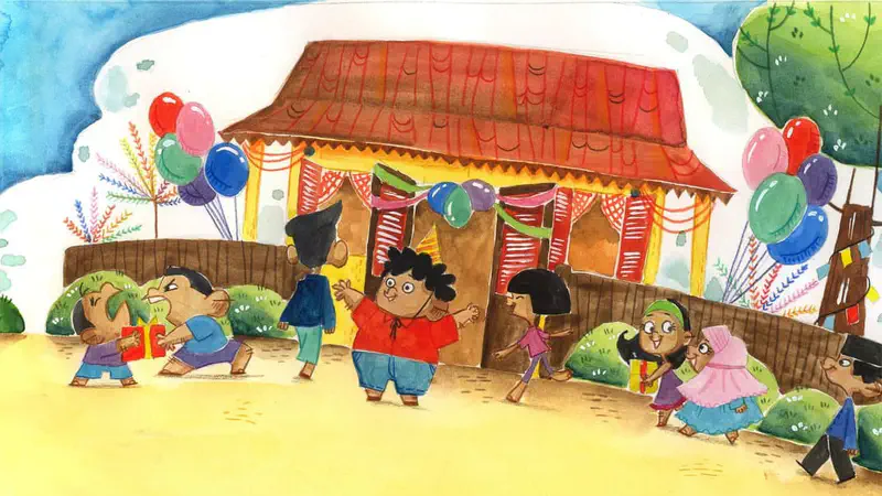 Children gather at a festive house decorated with balloons and streamers for a party, some carrying gifts and wearing party hats.