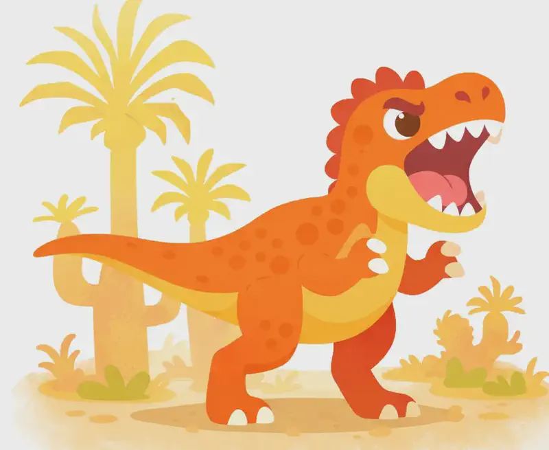 On the left side of the image, a large carnivorous dinosaur (resembling a T. rex) stands in a menacing pose with its mouth wide open, revealing rows of sharp, jagged teeth. It has a fierce, angry expression with narrowed eyes and small clawed arms raised. The dinosaur is mid-stride on dusty, sandy ground surrounded by prehistoric palm trees and low scrubby plants that fade into soft silhouettes in the warm afternoon light. The right side of the image is plain white background, clear for text overlay.