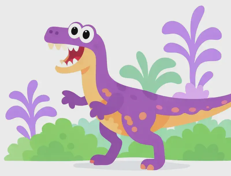 On the right side of the image, a cartoon theropod dinosaur stands mid-stride in a prehistoric outdoor setting, mouth open with a surprised, comical expression showing its teeth, with small clawed arms outstretched. The dinosaur is depicted with smooth, scaly skin and without feathers — representing the outdated understanding of theropod appearance mentioned in the text. It is surrounded by soft green bushes and stylized purple tropical plants against a plain light background on the left.