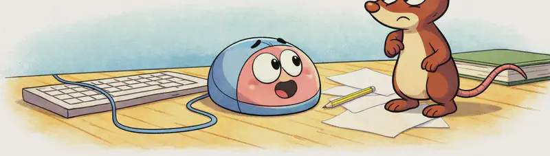 In the lower half of the image, Tik stands on a wooden desk to the right, looking at Klik with a confused pout and furrowed brow. Klik sits to the left on the desk — a small, round computer mouse with a cute face on its pink front panel and a smooth light blue upper shell, connected by a cord to the keyboard, appearing to speak with an eager expression. Between and around them are a keyboard, a pencil, scattered papers, and a closed green book. The scene is set indoors on a desk against a soft blue wall, with the top half of the image left as plain white background.