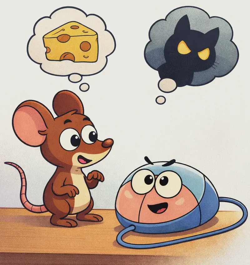 On the left side of the image, Tik stands on the wooden desk beside Klik — the small, round computer mouse with a cute face on its pink front panel and a smooth light blue shell, with a cord trailing behind — looking at Klik with a hopeful, slightly worried expression. Above them, two thought bubbles float: one shows a wedge of cheese (representing scouting for food), and the other shows a dark gray cat silhouette with glowing yellow eyes (representing the danger Tik fears). Klik's face looks determined and confident. The scene has soft watercolor lighting against a plain white background, with the right side of the image left clear.