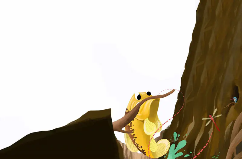 Yellow carp catching dragonfly in turquoise water with lily pads