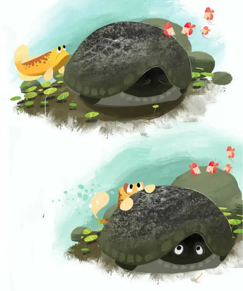 Yellow carp approaching snapping turtle hiding in rock cave with mushrooms