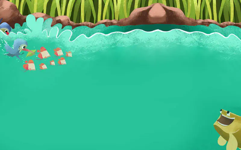 Yellow carp underwater watching school of orange fish swim by