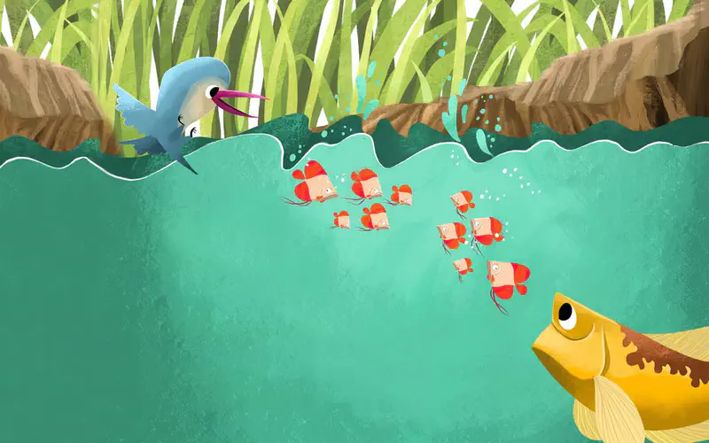 Yellow carp leaping from water near reeds to catch flying insect