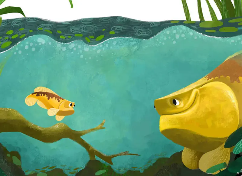 Small yellow fish facing large snapping turtle underwater among branches