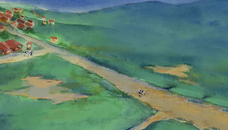 Aerial view of rolling green hills with a small village, a child and cow walking along a winding dirt path toward home.