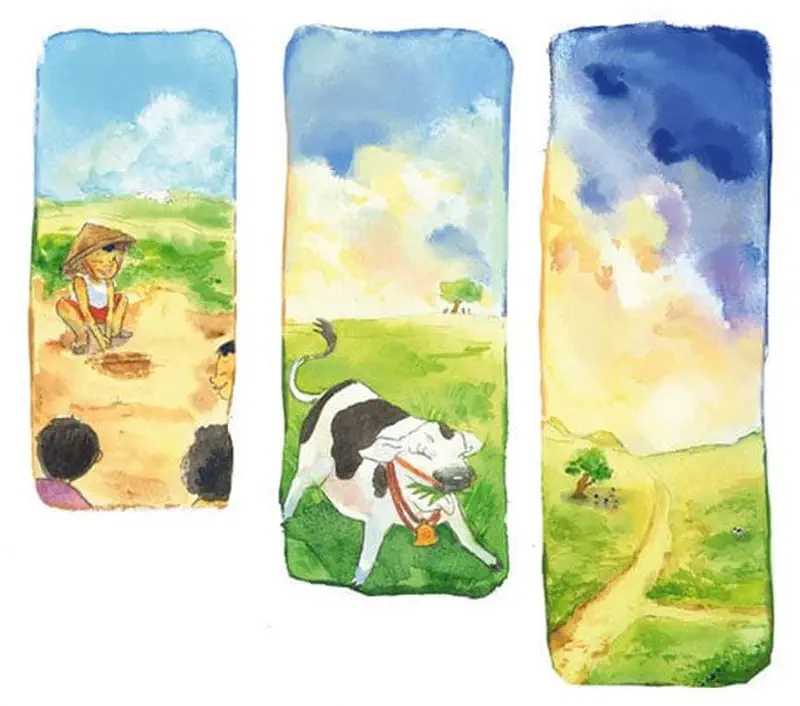Three panel watercolor showing a child talking to friends, a cow grazing in a field, and a dramatic sunset sky over a country path.