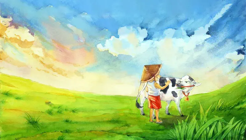 A child in a straw hat gently pets a black and white cow as they walk together through green meadows under a dramatic sunset sky.