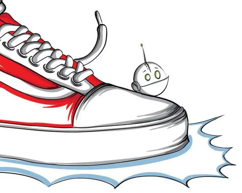 A tiny robot with green eyes and an antenna sits on the toe of a large red and white sneaker as it lands with impact.