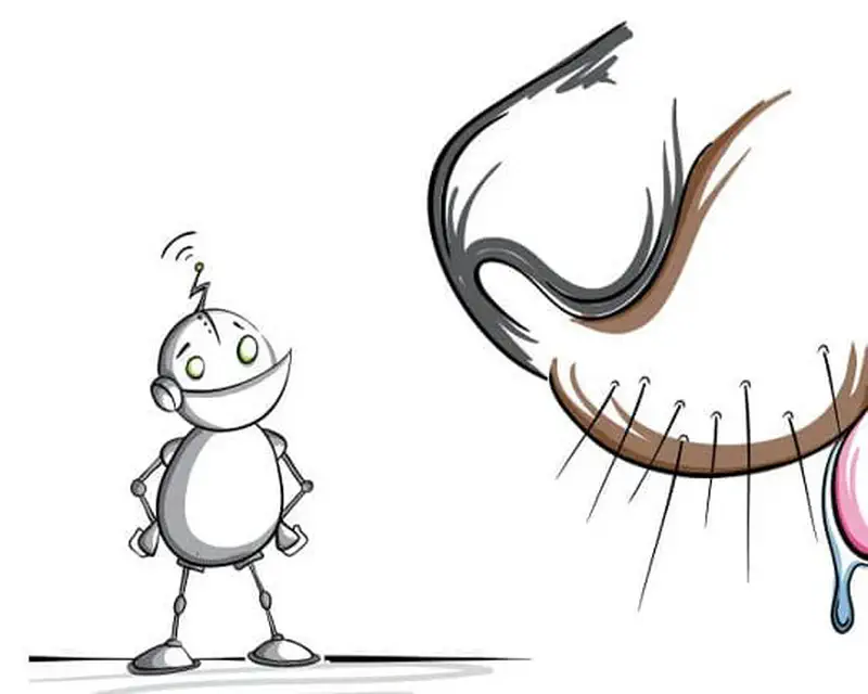 A worried robot looks up at a giant eye with long eyelashes looming above, with a pink teardrop falling nearby.