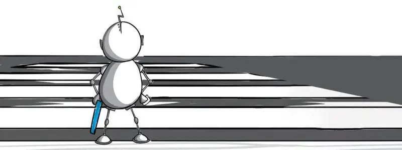 A small robot holding a blue button stands alone on a crosswalk looking at the road ahead in grayscale tones.