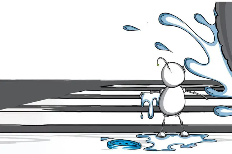 A robot gets splashed with water on a crosswalk as a blue button lies nearby in a puddle.