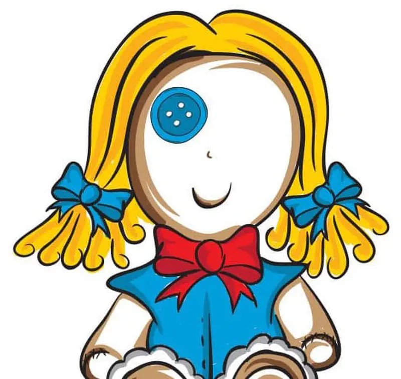 A rag doll with yellow pigtails and blue ribbons wears a blue dress with a red bow, missing one blue button eye.