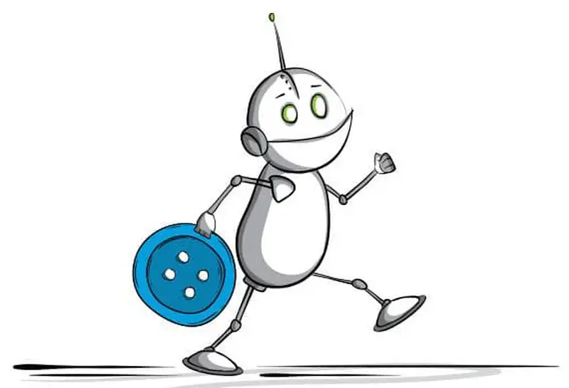 A small robot walks determinedly while carrying a large blue button in one hand.