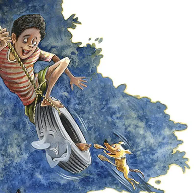 A boy in a striped shirt swings joyfully on a tire swing with a cartoon face, while a small dog runs alongside in a blue watercolor scene.