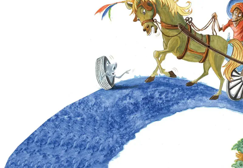 A cartoon tire with a face waves at a surprised horse pulling a cart with a driver on a curved blue road.