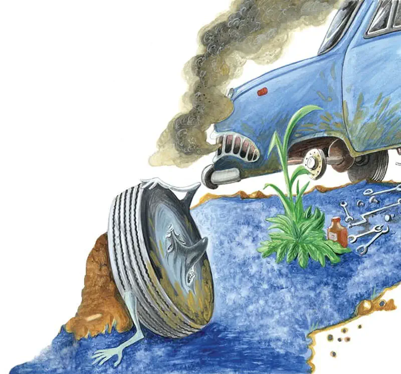 A grumpy cartoon tire with arms and legs sits in mud near an old blue car with smoke coming from its hood in a junkyard.