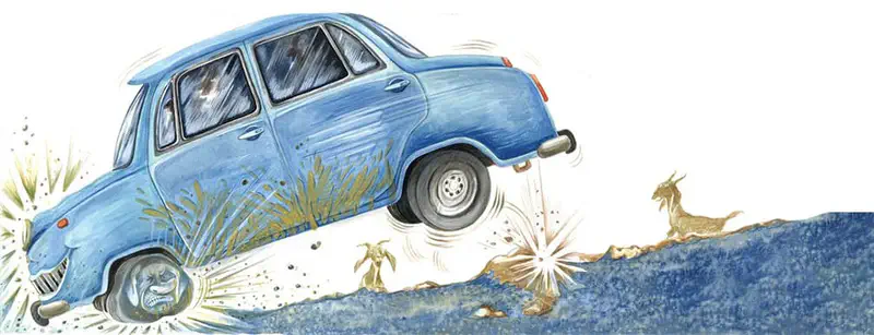 A blue car bounces on a bumpy road with an angry tire face visible, while startled goats scatter in all directions.