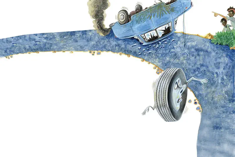 A cartoon tire with a worried face rolls down a steep blue road while a smoking blue car flips upside down above, as a boy watches.