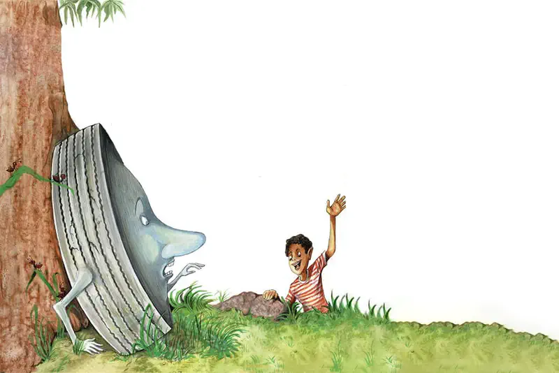 A cartoon tire leans exhausted against a tree while a happy boy in a striped shirt waves from a grassy hillside.