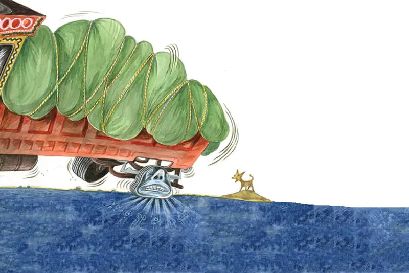 A truck loaded with large green melons tied with rope races down the road while a terrified cartoon tire rolls alongside as a dog watches.