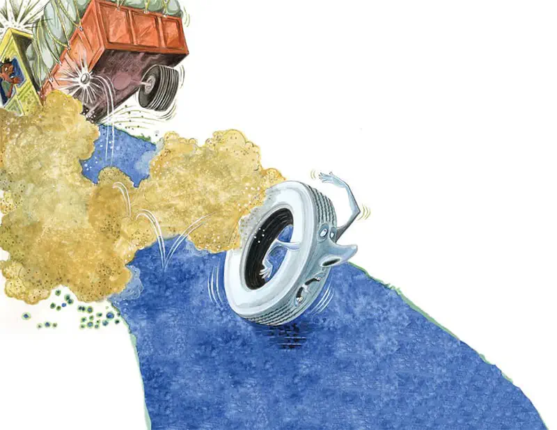 A cartoon tire with arms waves while rolling down a dusty blue road as a truck loaded with green melons speeds away in a cloud of dust.