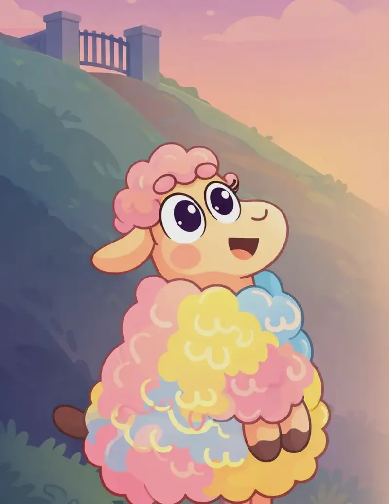 On the left side of the image, Rose the sheep is shown nearly in full, her fluffy pastel fleece of pink, yellow, and blue filling the lower left of the frame, with her small brown tail peeking out on the left and her dark front hooves tucked against her chest. She looks upward with wide, alert eyes and a cheerful, open-mouthed smile, her pink curly topknot framing her face. She stands on a grassy hillside at dusk, gazing up toward a gate at the top of the slope in the upper left. The right side of the image is plain peach-toned background, free of detail.