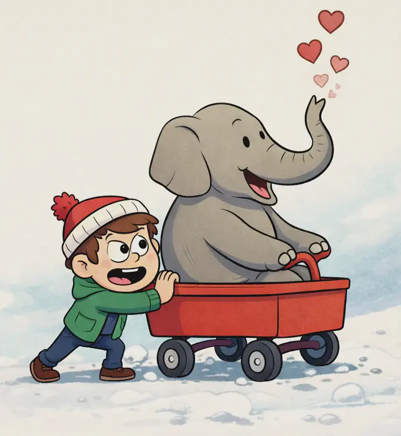 On the right side of the image, a child wearing a red-and-white knitted beanie with a pom-pom, a green hooded jacket, blue jeans, and brown shoes is leaning forward with both hands pressed against the back of a small red wagon/cart, pushing with great effort and a determined, open-mouthed expression. Sitting in the cart is a large gray elephant, gripping the wagon's red handle and cheerfully raising its trunk to blow red and pink heart shapes into the air in the upper-right area. The scene is set outdoors on a snowy path with small snowball-like lumps, with a soft, plain cream background filling the left side of the image.
