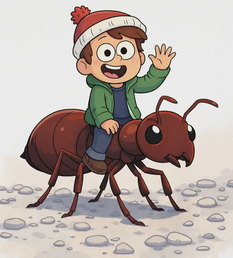 On the right side of the image, Child is riding on the back of a giant dark-red ant, sitting astride its large abdomen with legs dangling to one side. Child has a wide-open mouth in an expression of amazement or excitement, with one hand raised up in a waving gesture. The enormous ant is marching across rocky, pebbly ground, its six legs clearly visible and splayed out as it carries Child. The background is a soft, light watercolor wash, leaving the left side plain and open for text.
