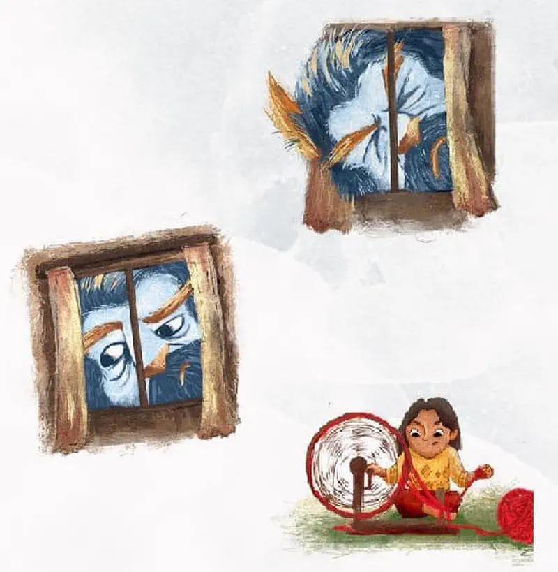 A blue furry monster with horns peers through window frames while a girl in yellow sits spinning red yarn below.
