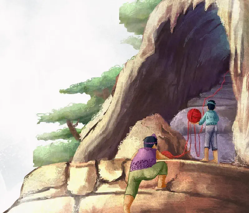 Two children carrying red yarn climb rocky terrain toward a dark cave entrance surrounded by trees and cliffs.