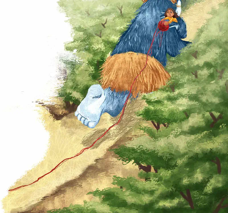 A girl sits on a giant blue furry monster walking through forest, holding red yarn that trails down a path below.