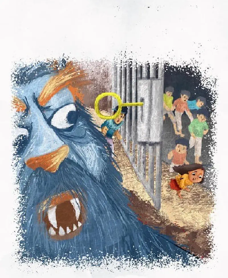 An angry blue monster with horns roars while villagers flee through gates, with a boy holding a golden key nearby.