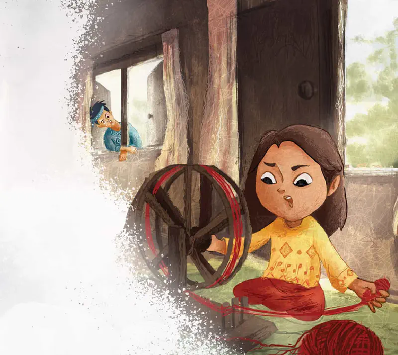 A girl in a yellow top works at a spinning wheel with red yarn while a boy watches through the window.