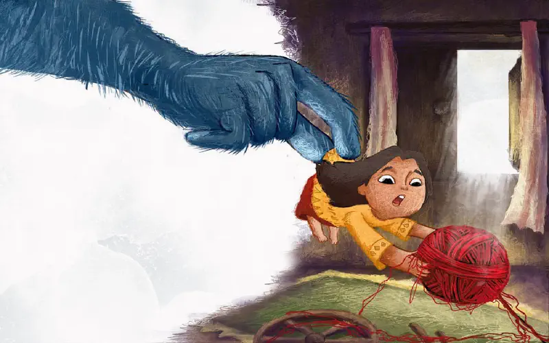 A giant blue furry hand reaches down to grab a startled girl in yellow who clutches a ball of red yarn.