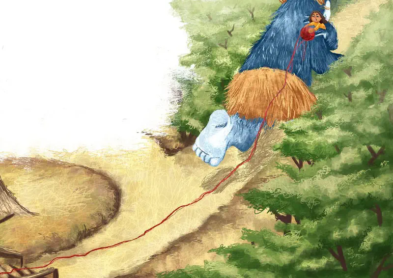 A girl holding red yarn sits atop a walking blue furry monster with a grass skirt, trailing yarn through a forest path.