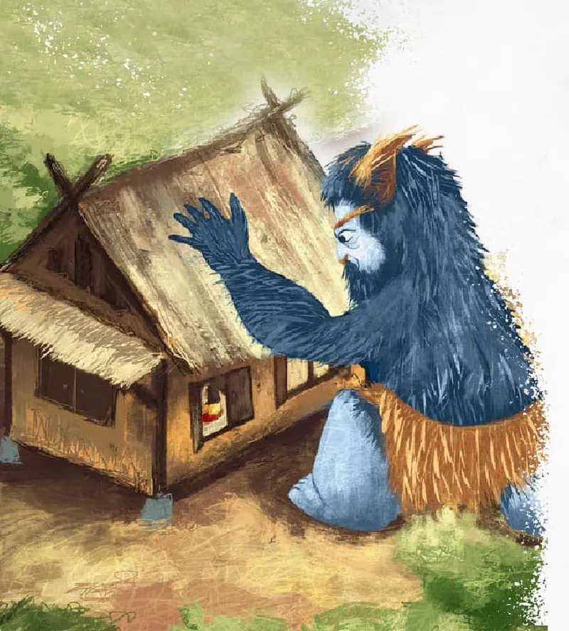 A giant blue furry monster with horns reaches toward a thatched-roof house where a girl in yellow peeks through the window.