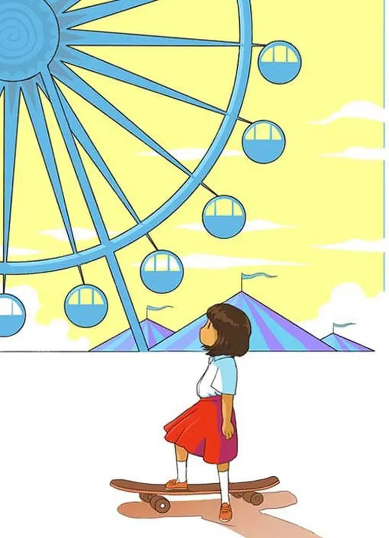 A girl in a red skirt stands on a skateboard looking up at a blue ferris wheel with circus tents in the background.