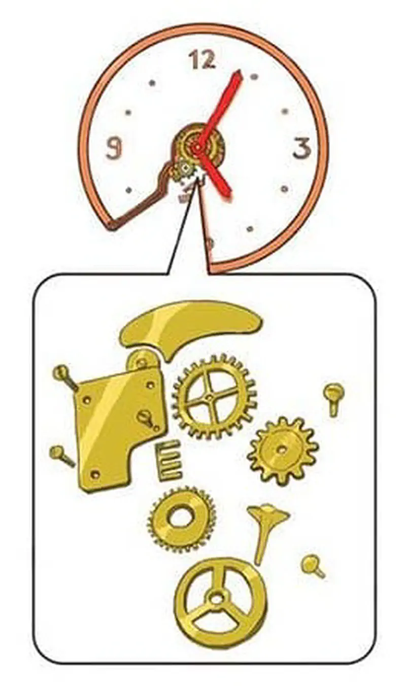 A clock face showing the time with golden mechanical gears and parts displayed below, illustrating how clocks work.