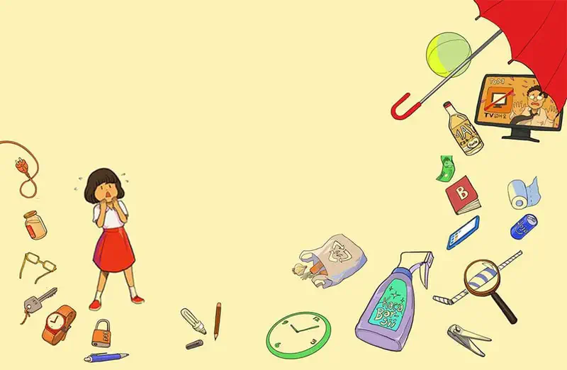 A worried girl surrounded by floating everyday objects including umbrella, clock, TV, keys, phone, magnifying glass, and household items.