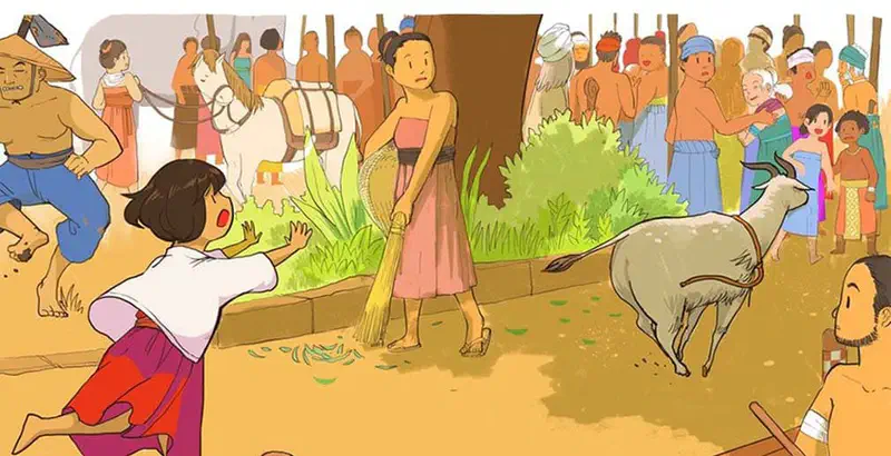 A busy village market scene with a girl chasing her runaway goat while villagers, horses, and an elephant gather around.