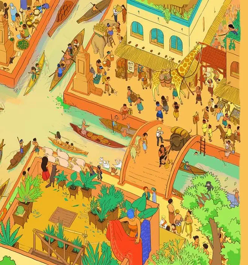 A bustling ancient marketplace with canals, bridges, boats, elephants, giraffes, and many people trading goods in a colorful city scene.