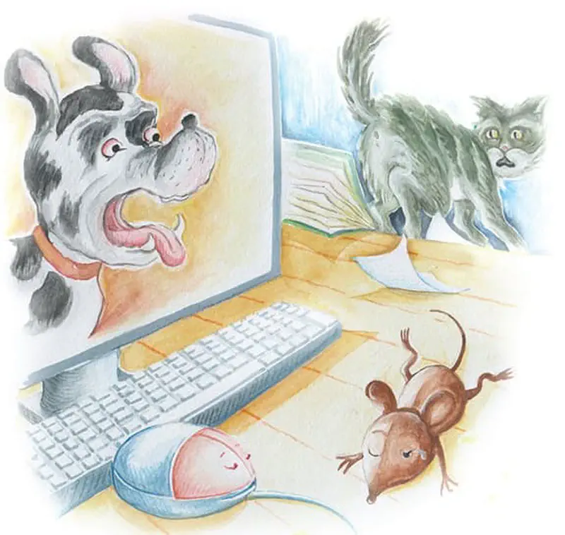 A black and white dog appears on a computer screen barking at a brown mouse lying flat on the desk, while a gray cat watches from behind.