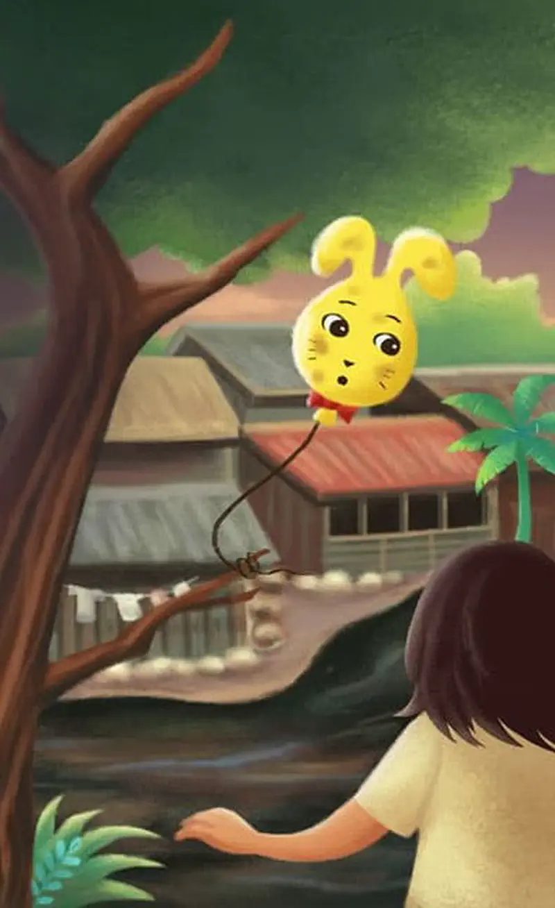 A yellow bunny balloon with its string caught on a tree branch floats above a village while a girl watches from below.