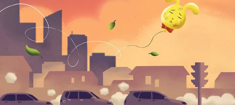 A crying yellow bunny balloon floats above a dusty city street at sunset with cars, buildings, and swirling wind carrying leaves.