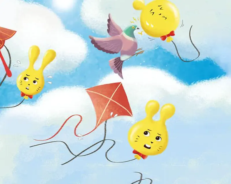 Several yellow bunny balloons float in a cloudy sky alongside a kite and a pigeon, showing different expressions.