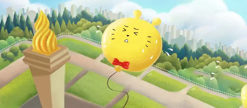A distressed yellow bunny balloon floats crying near a golden torch monument overlooking a park with hedges and city skyline.